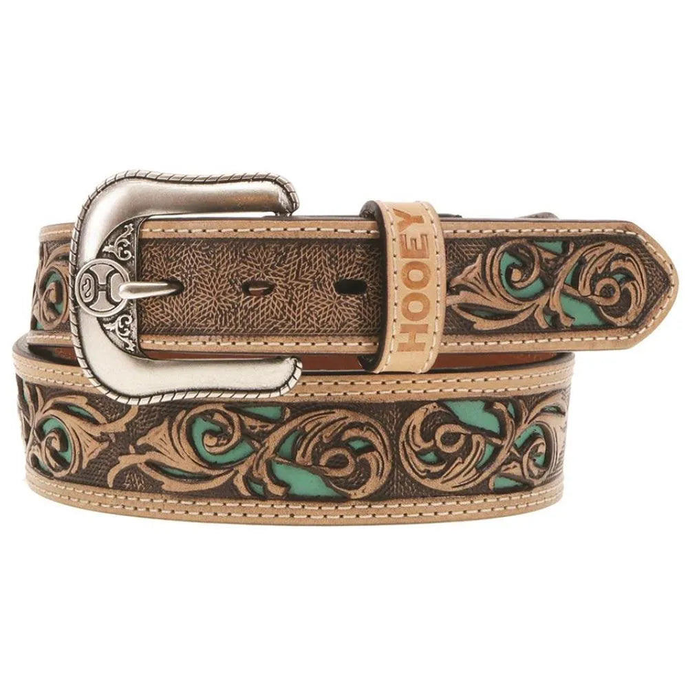 HOOey Top Notch Hand Tooled (Natural/Turquoise) - Mens Western Leather Belt Natural