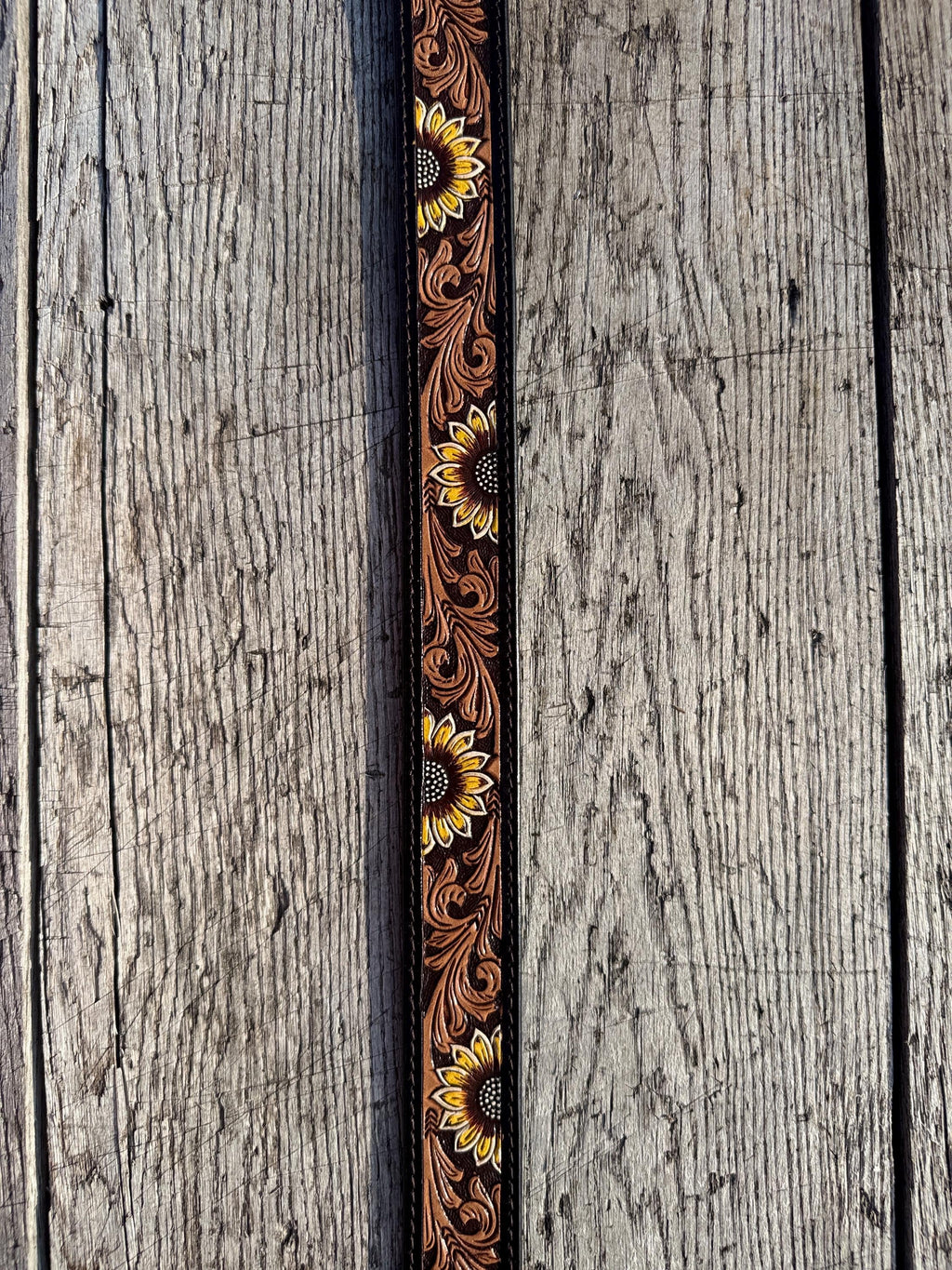Genuine Leather Western Belt with dark tooled Sunflower details by Double B Wild Rags