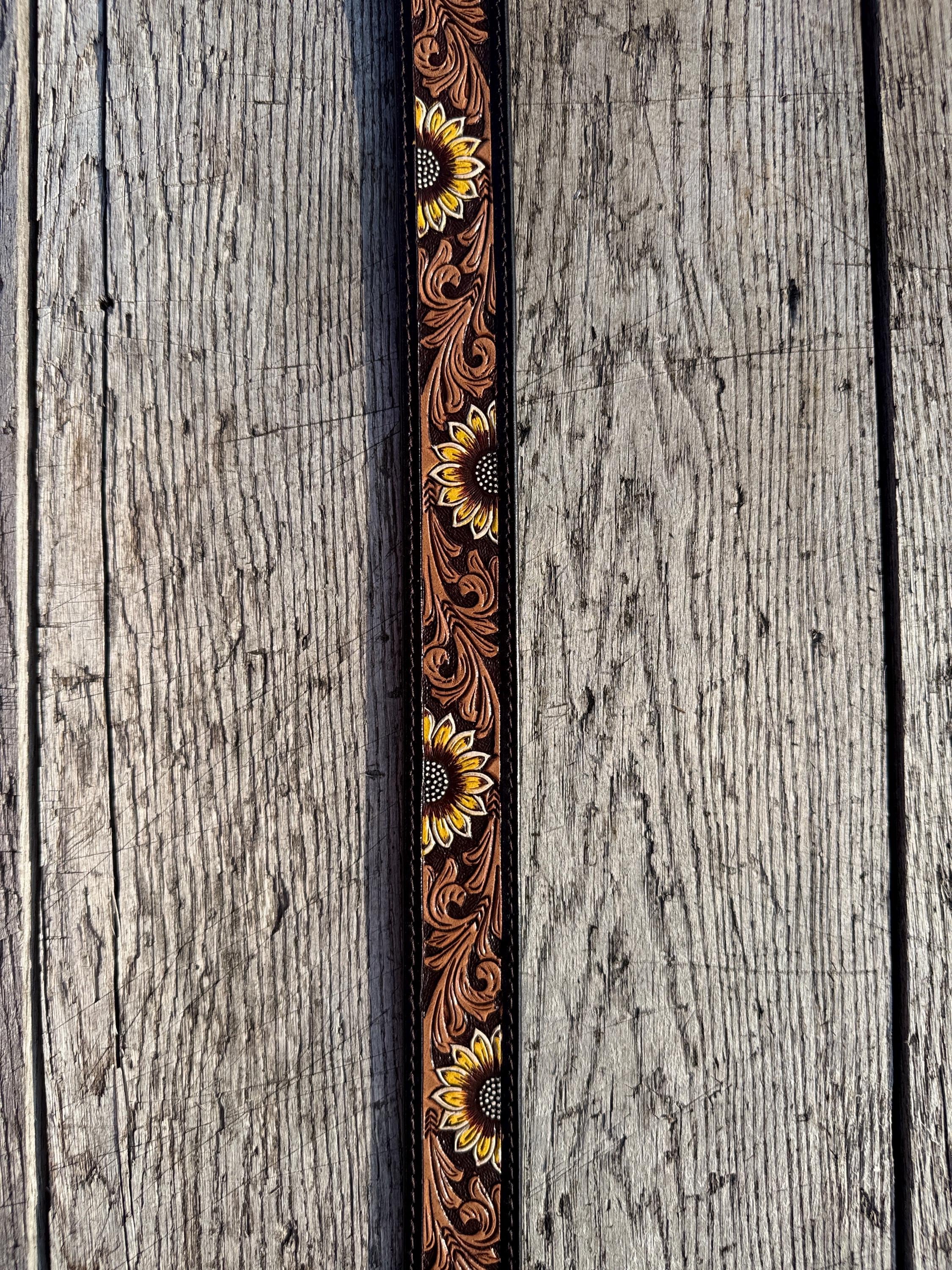 Genuine Leather Western Belt with dark tooled Sunflower details by Double B Wild Rags