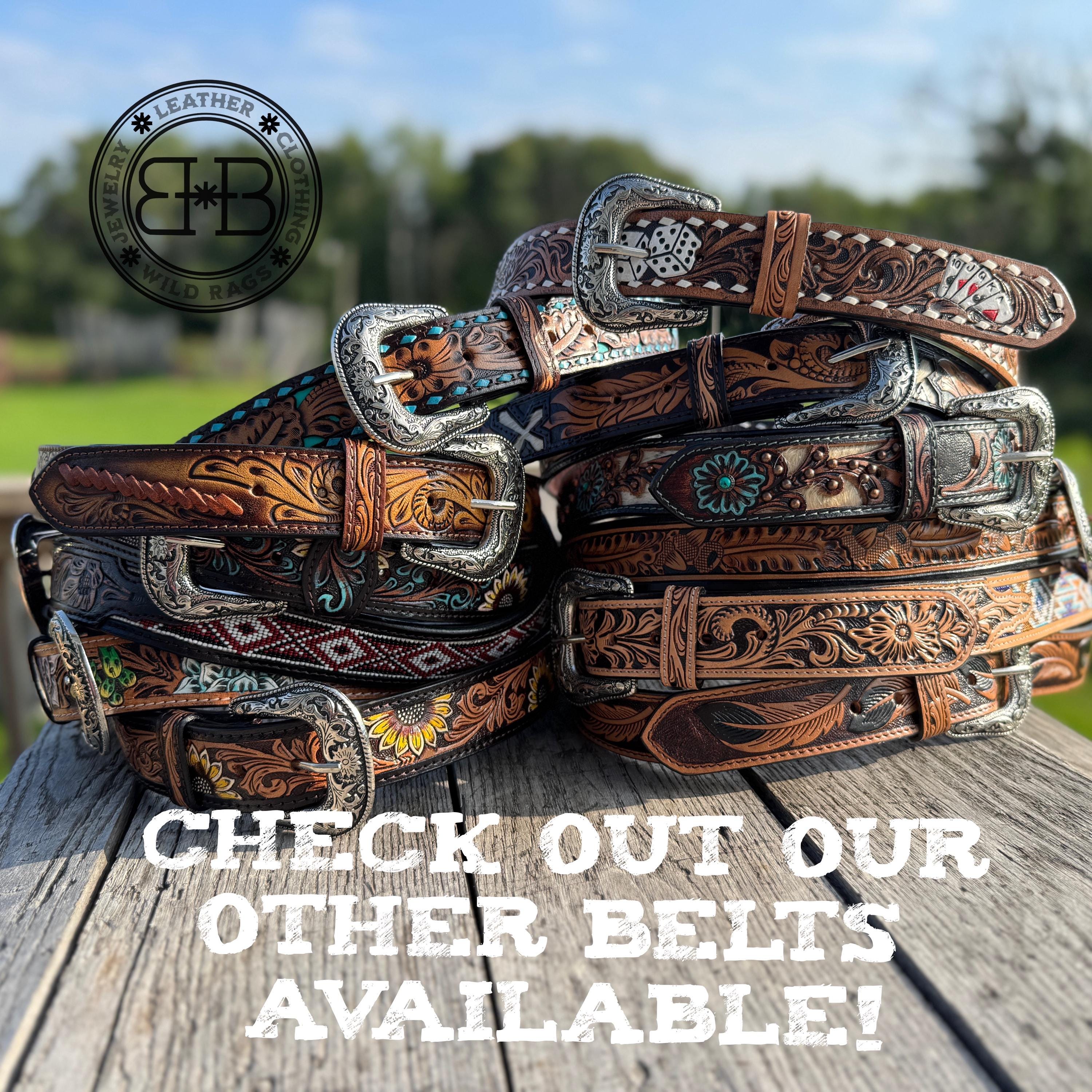 Genuine Leather Western Belt with dark tooled Sunflower details by Double B Wild Rags