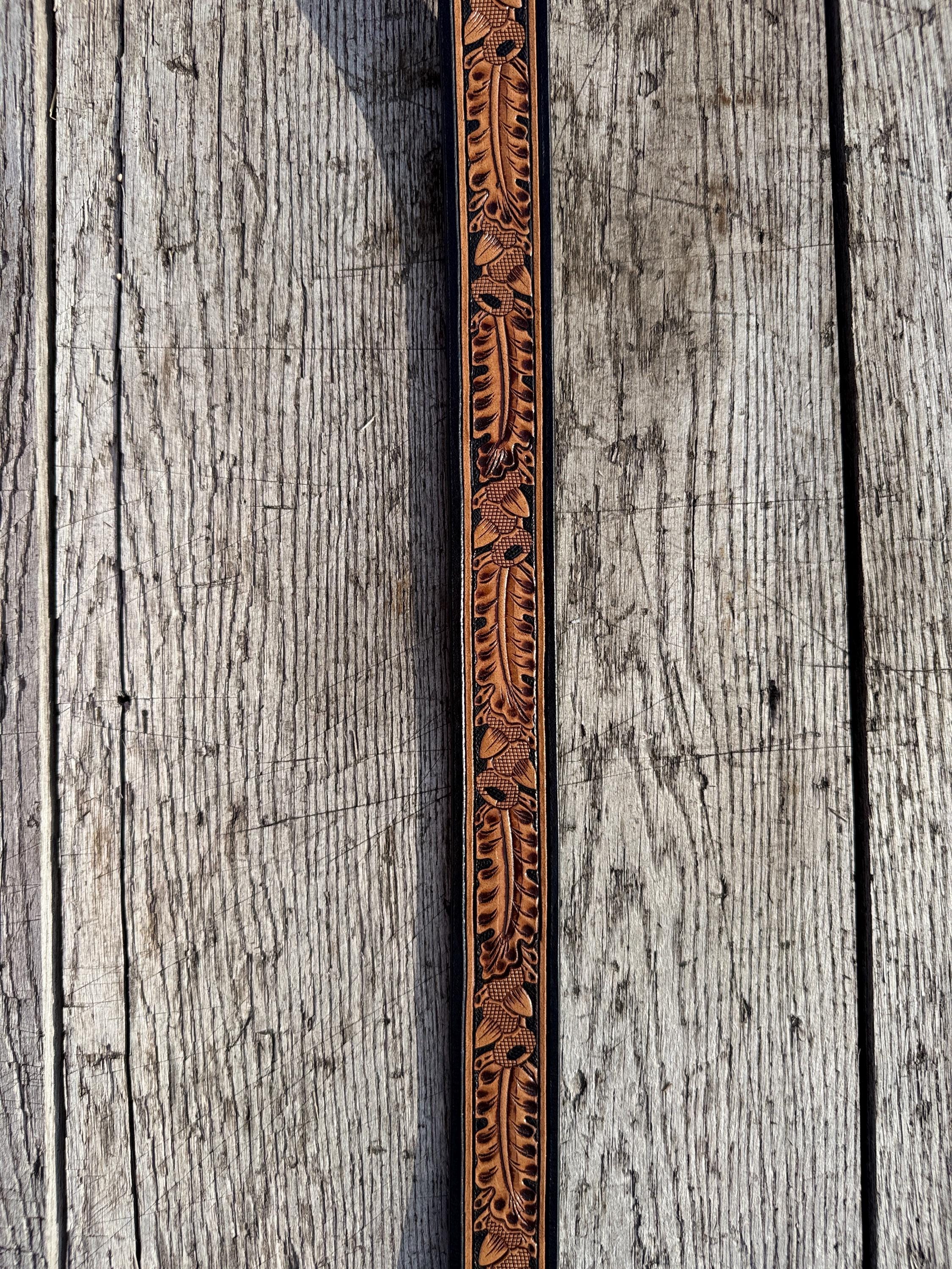 Genuine Leather Western Belt with tooled leaf acorn details by Double B Wild Rags