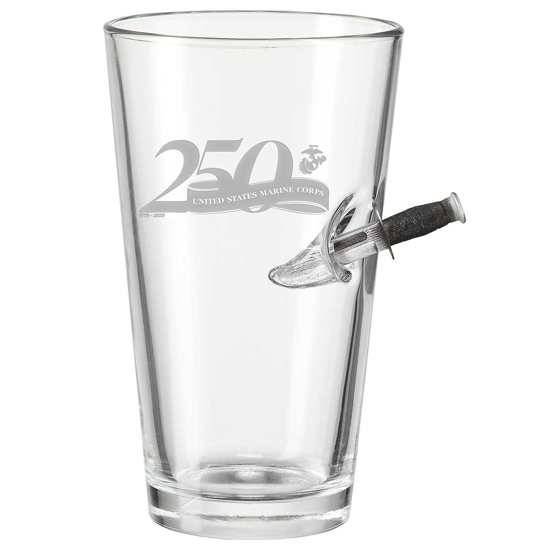 Military 250th Anniversary Glasses 16oz Pint Glass Marine Corps Combat Knife