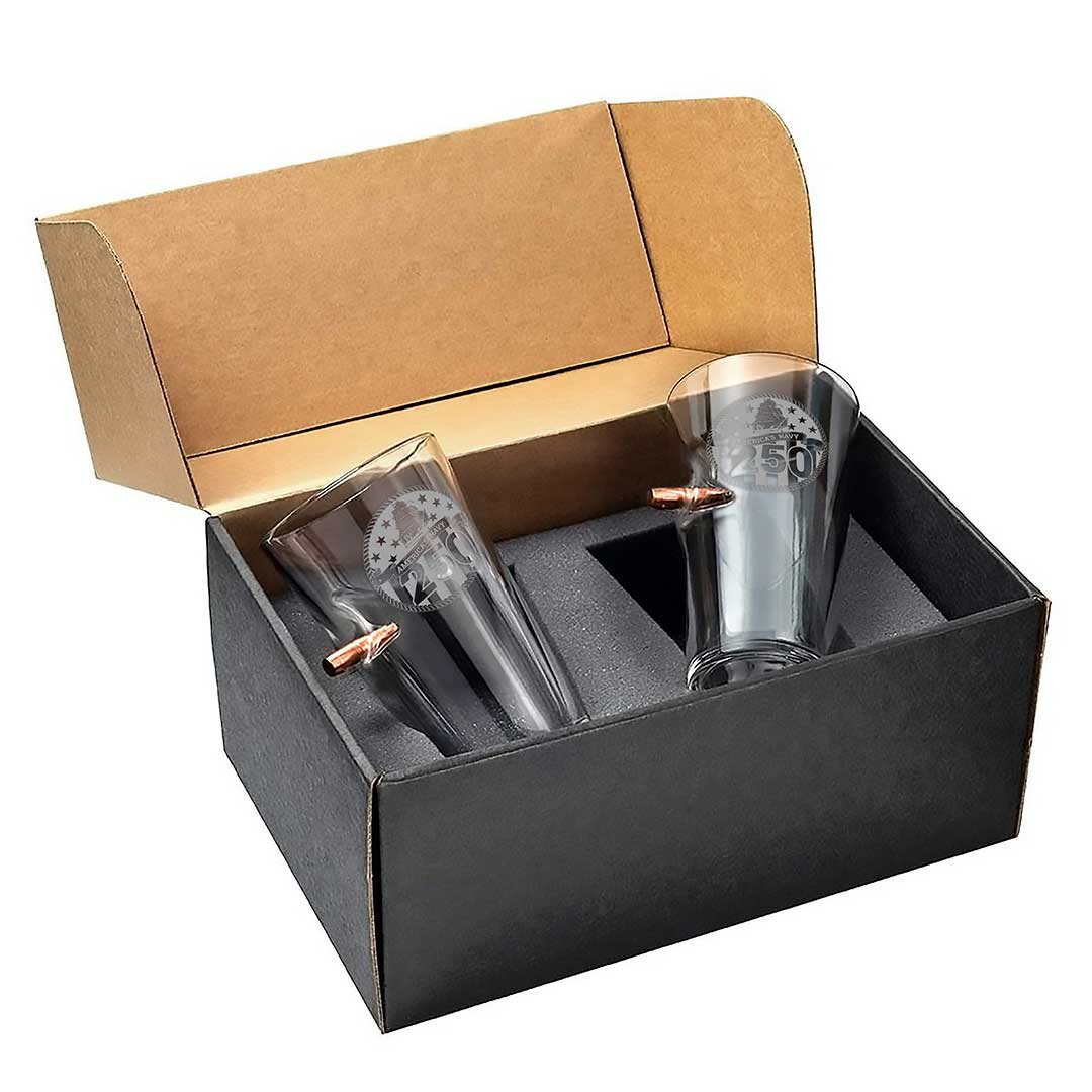 Military 250th Anniversary Glasses Pint Glass Gift Set (2 Glasses) Navy Bullet