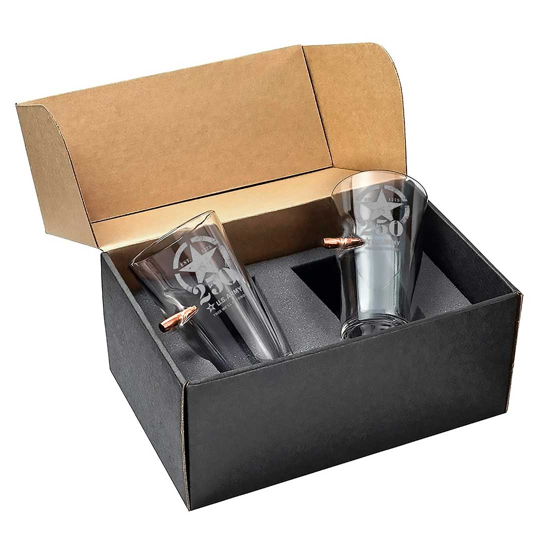 Military 250th Anniversary Glasses Pint Glass Gift Set (2 Glasses) Army Bullet