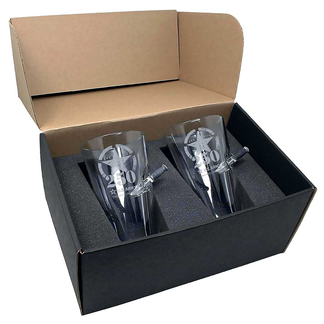Military 250th Anniversary Glasses Pint Glass Gift Set (2 Glasses) Army Combat Knife
