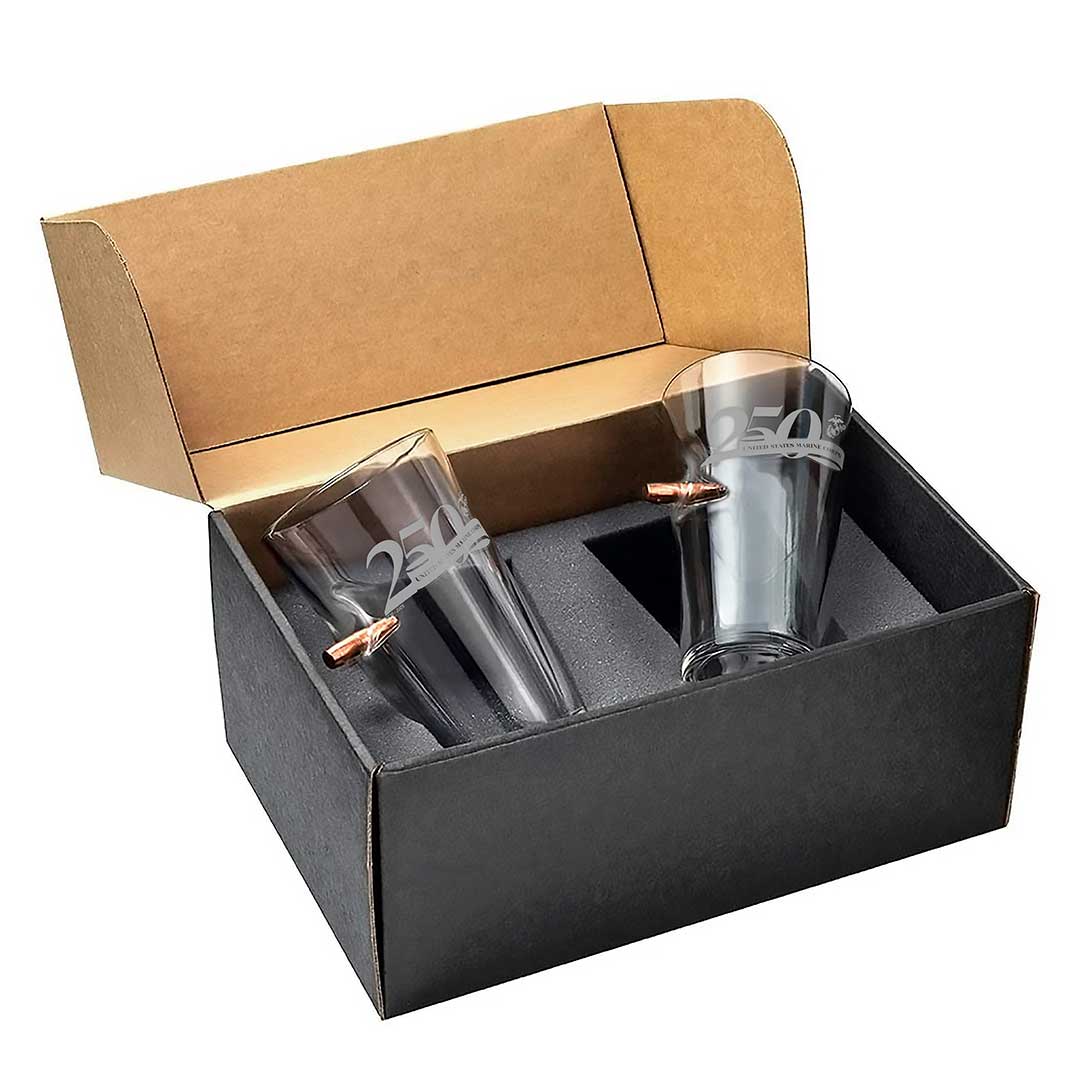 Military 250th Anniversary Glasses Pint Glass Gift Set (2 Glasses) Marine Corps Bullet