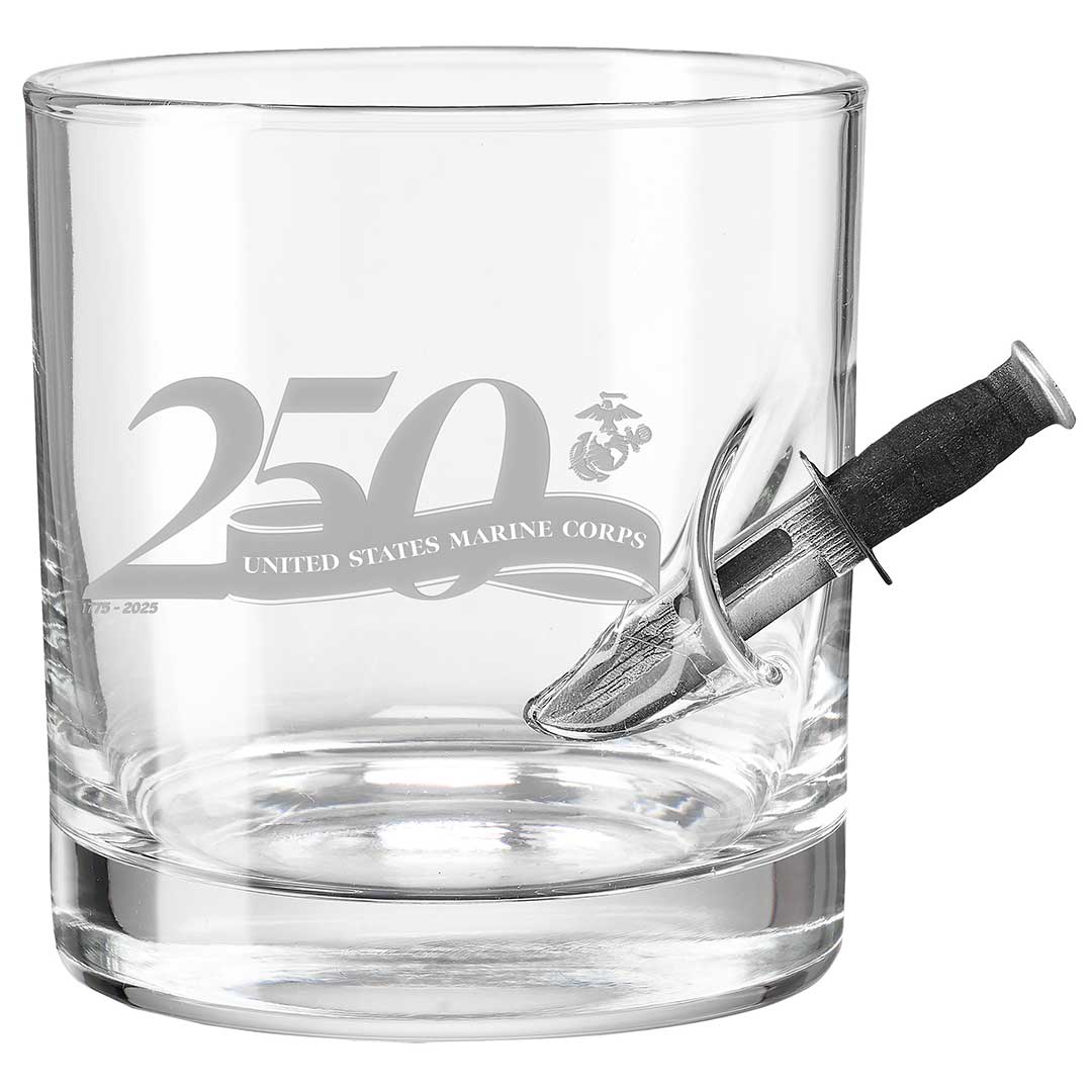 Military 250th Anniversary Glasses 11oz Rocks Glass Marine Corps Combat Knife