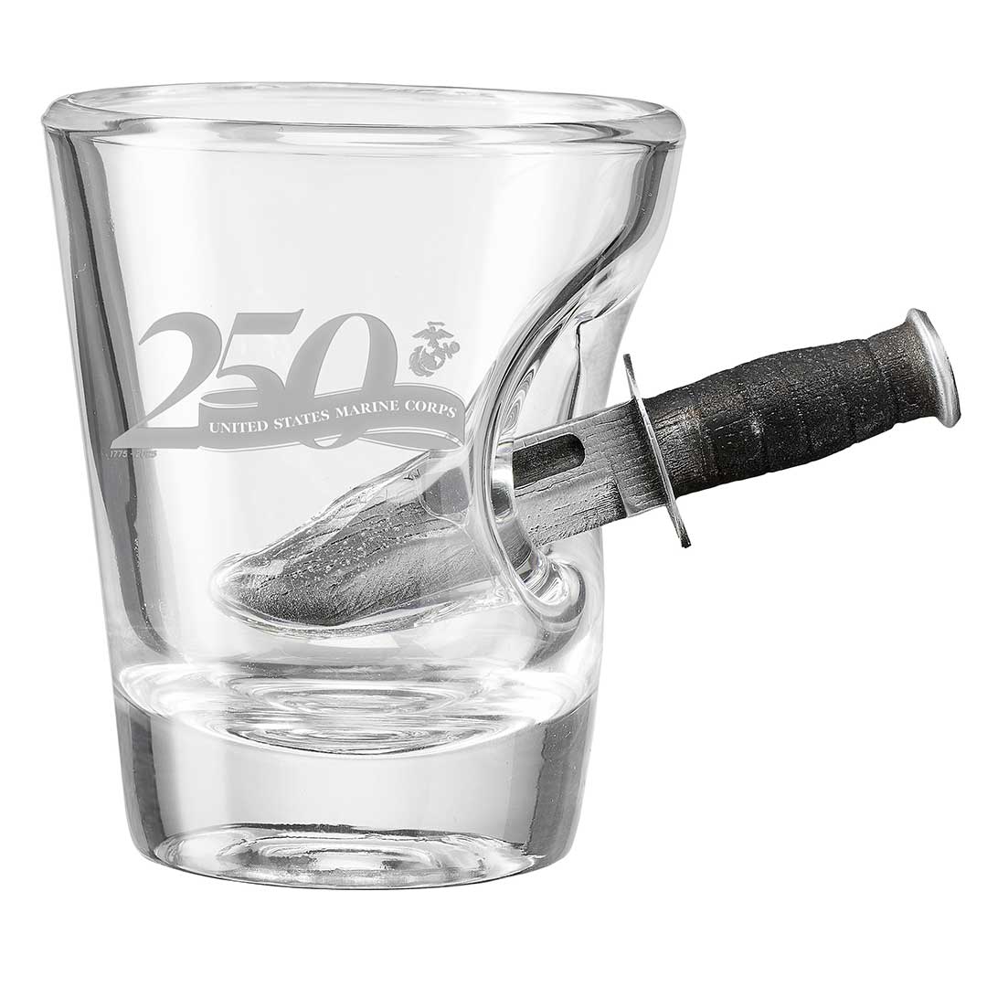 Military 250th Anniversary Glasses 2oz Shot Glass Marine Corps Combat Knife