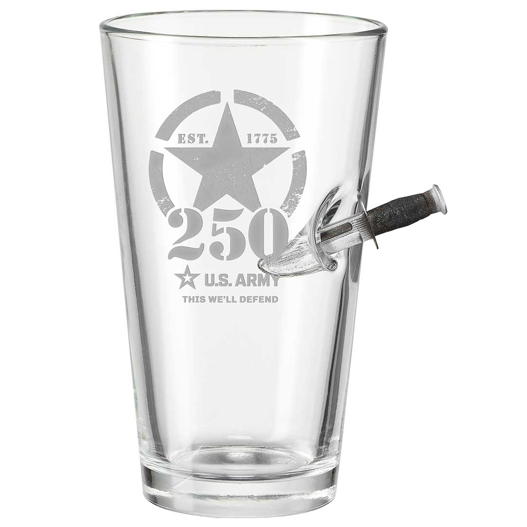 Military 250th Anniversary Glasses 16oz Pint Glass Army Combat Knife