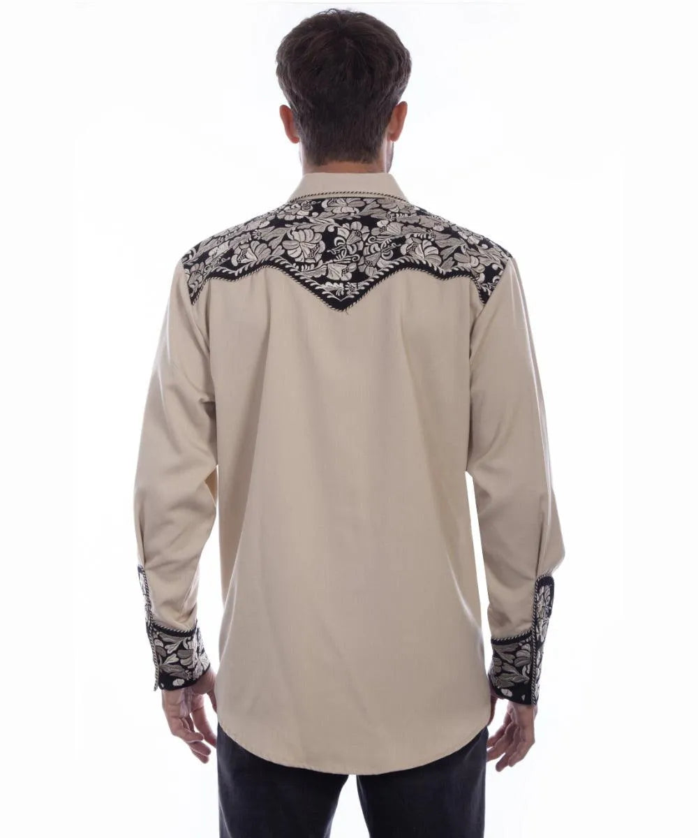 Scully Floral Tooled Embroidery - Men's Western Shirt (Tan/Black)