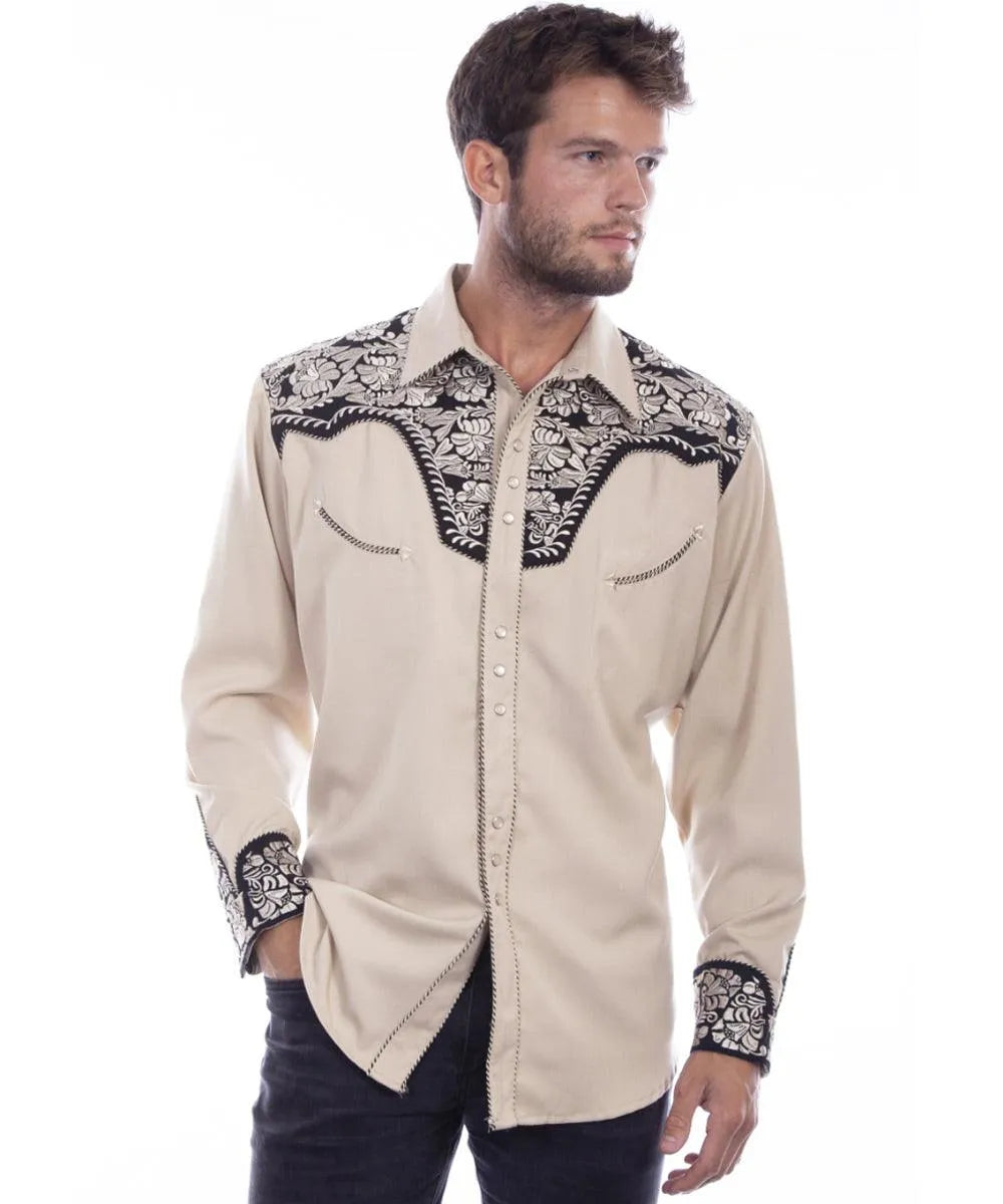Scully Floral Tooled Embroidery - Men's Western Shirt (Tan/Black) Tan