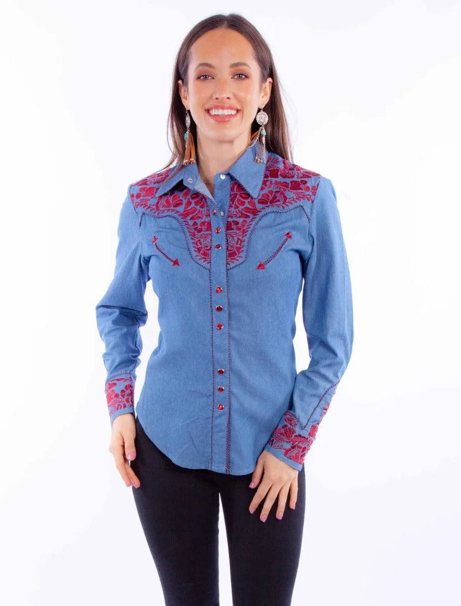Scully Floral Tooled Embroidery - Women's Western Shirt Cranberry