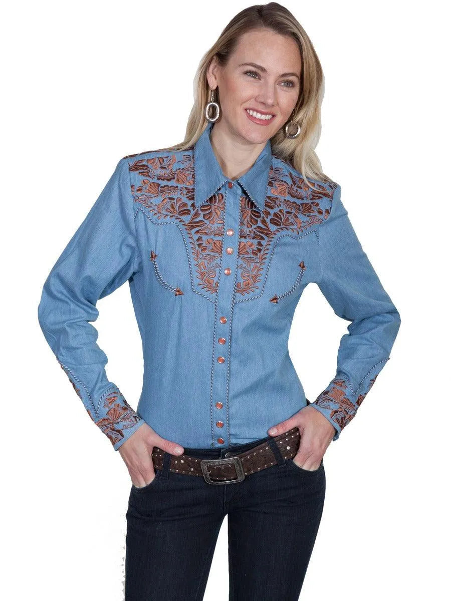 Scully Floral Tooled Embroidery - Women's Western Shirt Blue