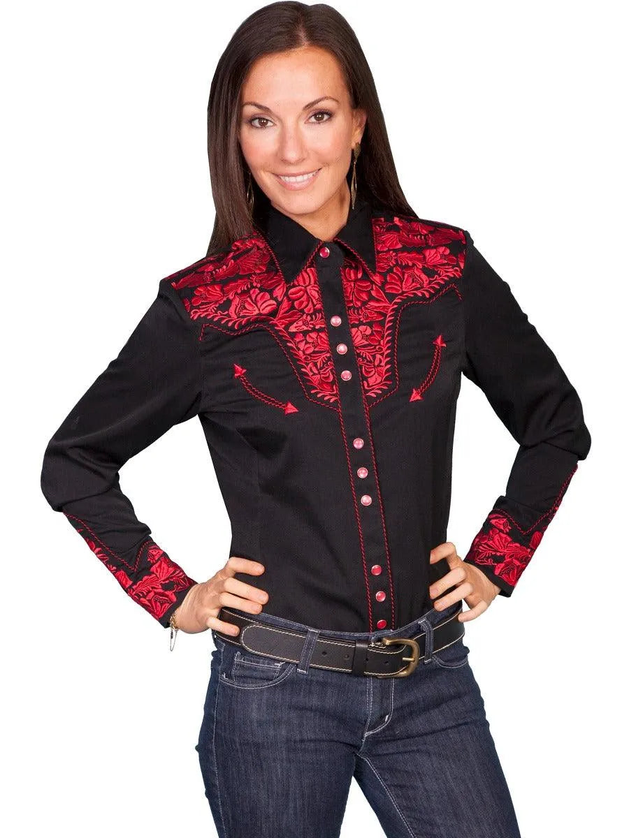 Scully Floral Tooled Embroidery - Women's Western Shirt Crimson