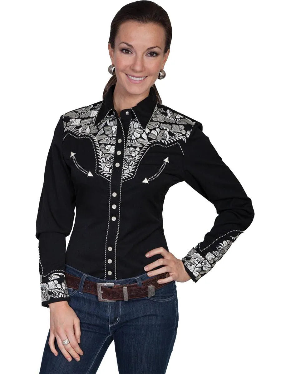 Scully Floral Tooled Embroidery - Women's Western Shirt Black Silver