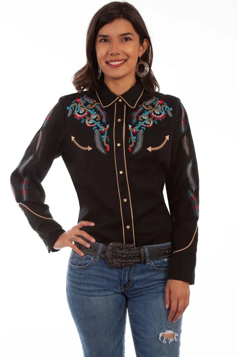 Scully Floral and Feather Embroidery - Women's Western Shirt Black