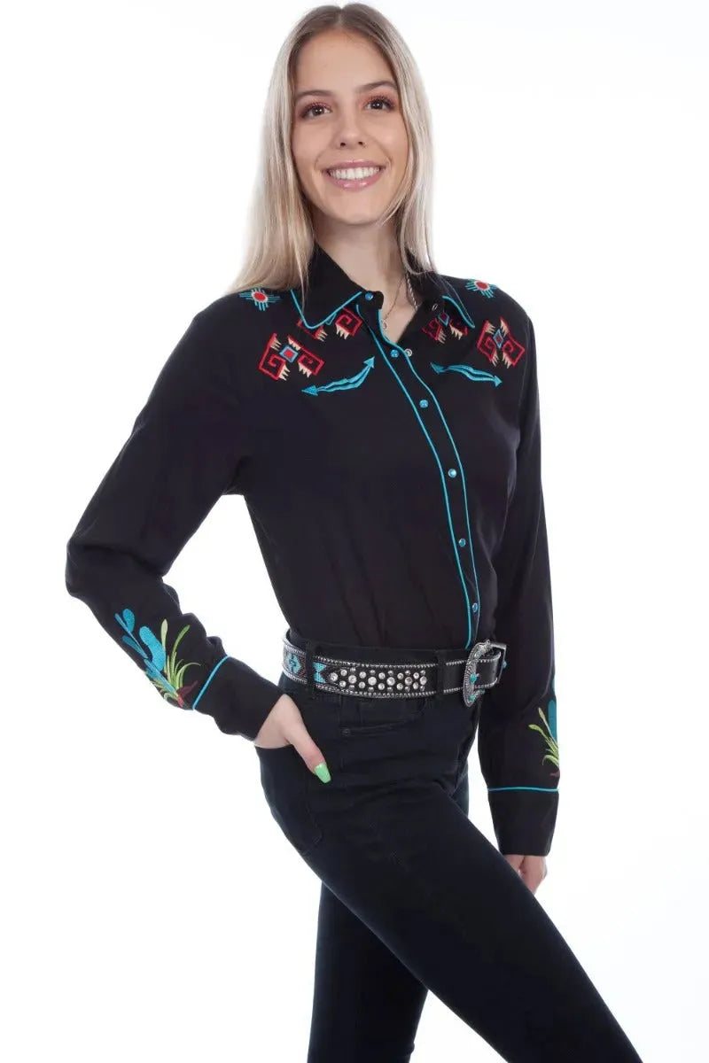 Scully Cactus Embroidery - Womens Western Shirt Black
