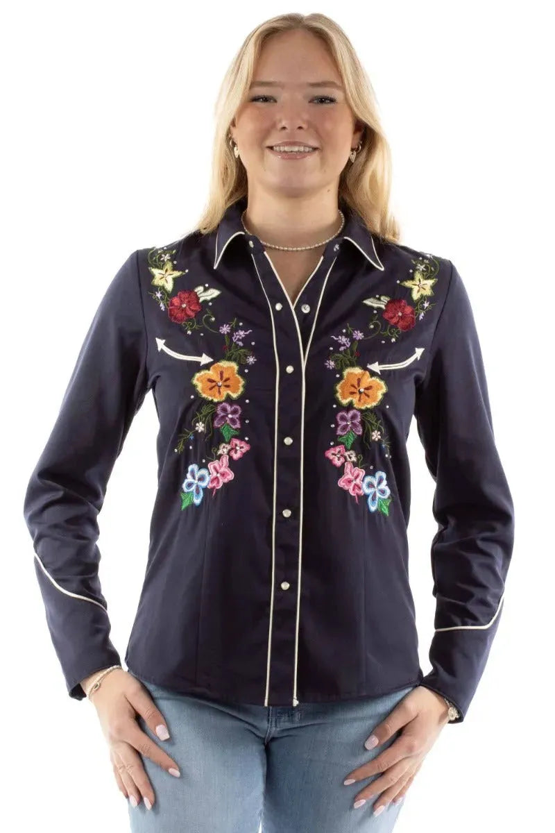 Scully Bright Floral Embroidery - Womens Western Shirt Navy