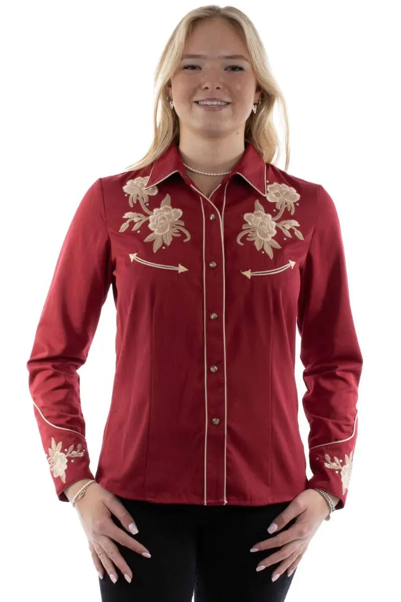 Scully Floral Embroidery with Crystals - Womens Western Shirt Cranberry