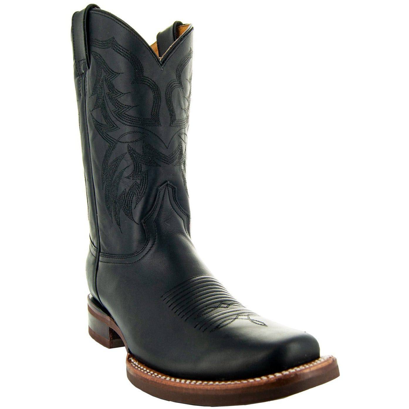 Black Square Toe Leather Cowboy Boots H4002