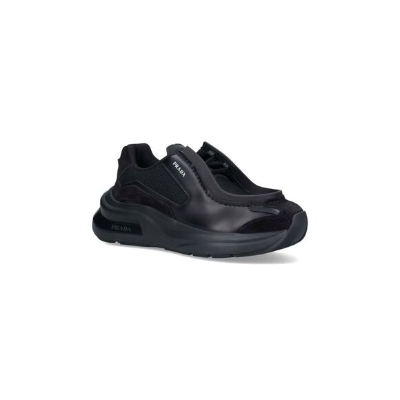 Prada Men Systeme Brushed Leather Sneakers With Bike Fabric In Black