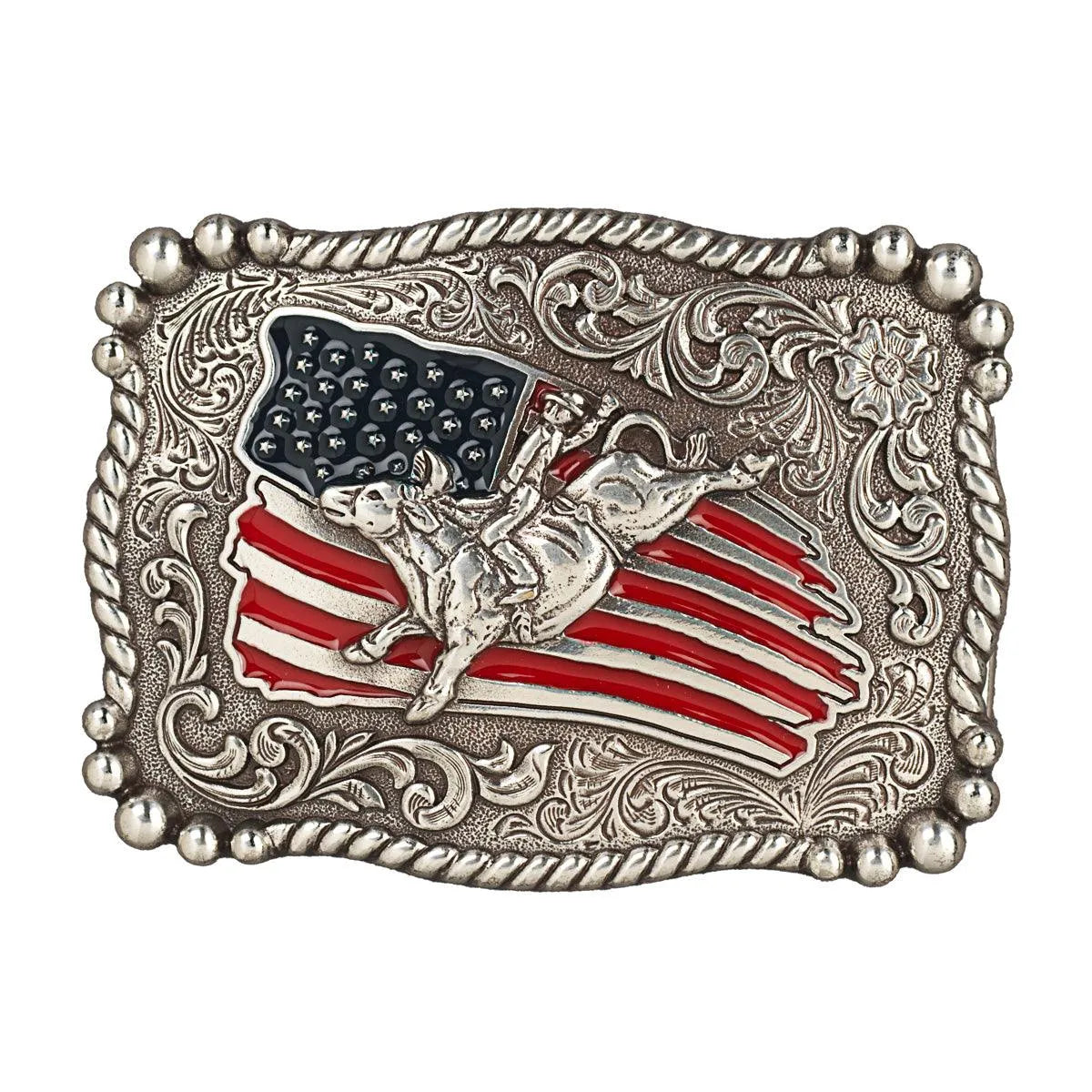 Nocona Youth Distressed Flag Bullrider - Belt Buckle Silver